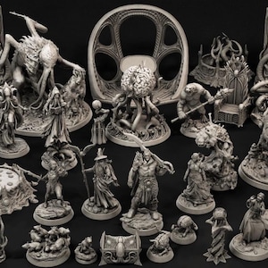 Pode incluir: Uma coleção de miniaturas de fantasia cinzentas com várias criaturas, personagens humanoides e elementos arquitetónicos. O conjunto inclui monstros com tentáculos, uma entidade semelhante a um cérebro, um trono e peças de terreno detalhadas.