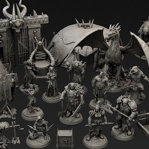 May include: A collection of unpainted grey resin tabletop gaming miniatures featuring a large dragon, various humanoid warriors, a tent, a fortified gate, and a supply cart. The figures display intricate details including armour, weapons, and horns.
