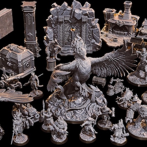 May include: A collection of gray miniature fantasy figurines and terrain pieces, including a large hammer, a chest, a griffin, and various characters. The pieces are detailed and appear to be made of a stone-like material.