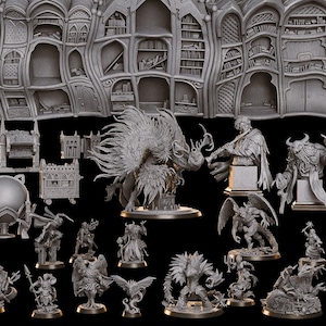 May include: A collection of gray miniature fantasy figurines and architectural elements. The set includes various creatures, statues, and detailed building components, all in a monochromatic palette, perfect for tabletop gaming or display.