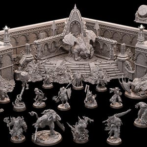 May include: A collection of gray miniature fantasy terrain and figurines, including a dragon, castle walls, and various characters. The set is designed for tabletop gaming and role-playing games.