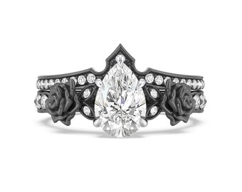 Enchanted Disney Pear-Diamond Maleficent Rose Engagement Ring Set Intricately Designed Wedding Band Stunning Pave-Set Unique Bridal Ring Set