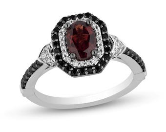 Bague de fiançailles grenat et diamants Enchanted Disney Villains en argent sterling bicolore Bague élégance Bague Disney Maléfique Bague accrocheuse