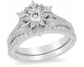 Betoverde Disney Elsa Diamond Snowflake verlovingsring in 14K witgoud bruiloft bruids set unieke en mooie glinsterende stijl band