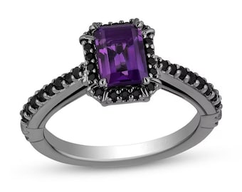 Betoverde Disney-schurken Ursula Amethist en zwarte diamanten lijst verlovingsring in 925 sterlingzilver, antieke ring met smaragd mooie ring