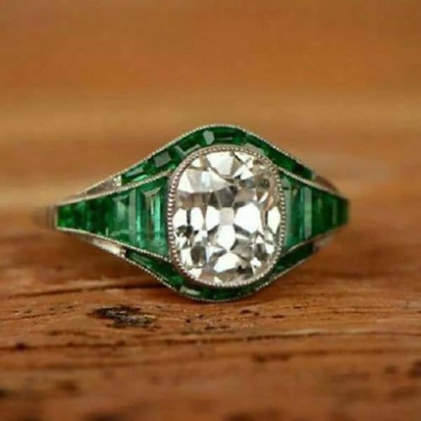 1920s Art Deco 2 Ct Old European Diamond Ring Emerald Halo Filigree Vintage Ring In Sterling Silver Engagement Bride Ring Mid Century Ring