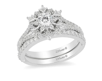 Enchanted Disney Elsa Diamond Snowflake Engagement Ring Set in 14K White Gold Wedding Bridal Set Unique and Beautiful Shimmering Style Band