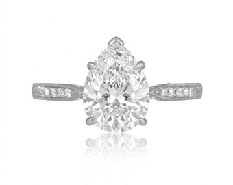 Antique Art Deco Edwardian Ring Vintage-style Old Mine Pear Cut Diamond Engagement Ring in Sterling Silver Classic Elegant Mid-century Ring