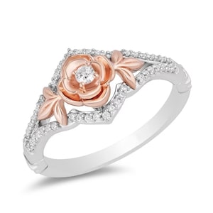 Enchanted Disney Belle Diamond Rose Split Shank Engagement Ring in Sterling Silver Elegant Classic Ring Pretty Women Ring Anniversary Gift
