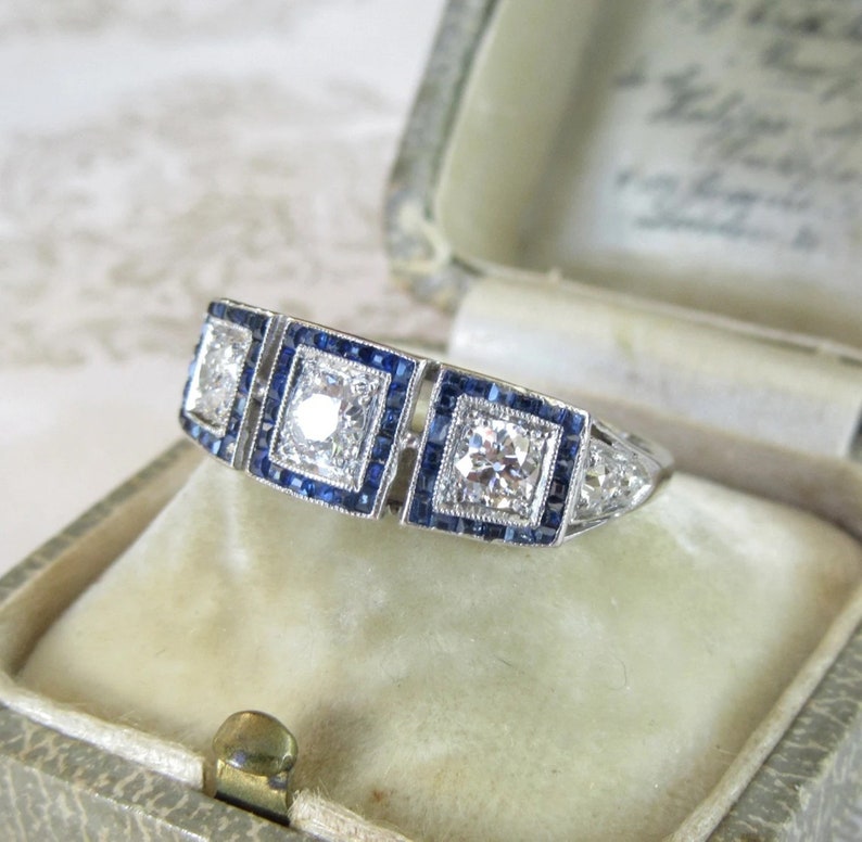 1890s Art Deco Victorian Diamond Ring Stunning Blue Sapphire & Round ...