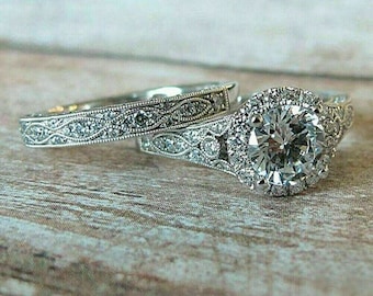 Art Deco Diamond Vintage Style Engagement Ring Set Edwardian European Cut Art Deco Wedding Ring Antique Filigree Rings Vintage Classic Rings
