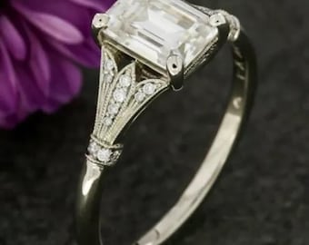 Edwardian Emerald Cut Diamond Art Deco Engagement Ring in Sterling Silver Antique Vintage-style Ring Retro Ring Mid Century Ring Bridal Ring