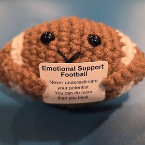 May include: A handmade, crocheted football in shades of brown and white, with black button eyes and a stitched smile. It holds a small tag that reads "Emotional Support Football" and a motivational message.