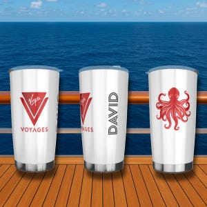 May include: Three white travel tumblers with silver bases and lids. One features the "Virgin Voyages" logo in red, another has the name "DAVID" in black, and the third displays a red octopus design. The background shows the ocean.