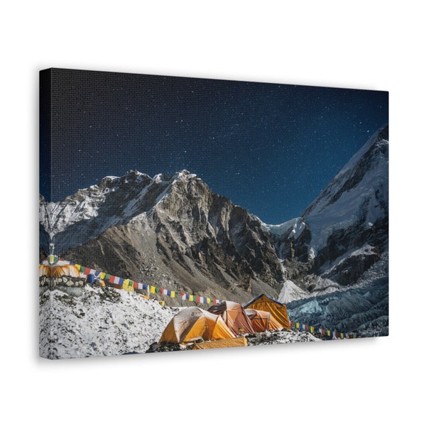 Starry Night at Everest Base Camp Canvas Print - Beautiful Snowy Himalayan Peaks, Night Sky Landscape Photography, Wall Art for Home Decor