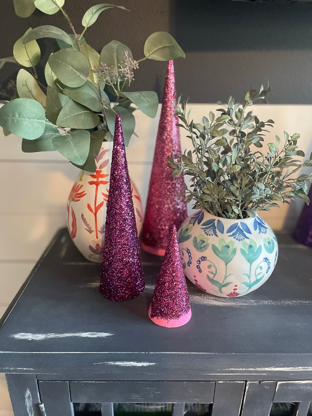 Pink Ombre Glitter Cone. Paper Mache Glitter Tree. Christmas Village