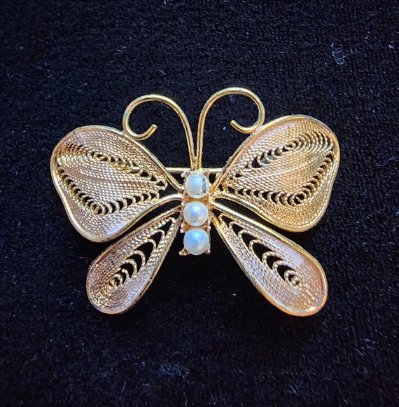 Gold Tone Butterfly Brooch - image 2