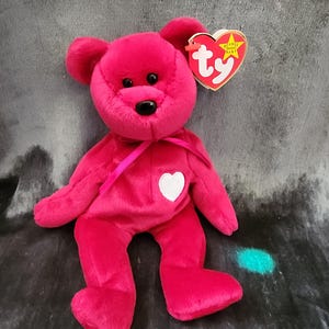 Può includere: Un orsacchiotto di peluche rosa Ty Beanie Baby con un cuore bianco sul petto. L'orso ha occhi neri e un naso nero. L'orso indossa un nastro rosa intorno al collo. L'orso ha un'etichetta Ty attaccata all'orecchio.