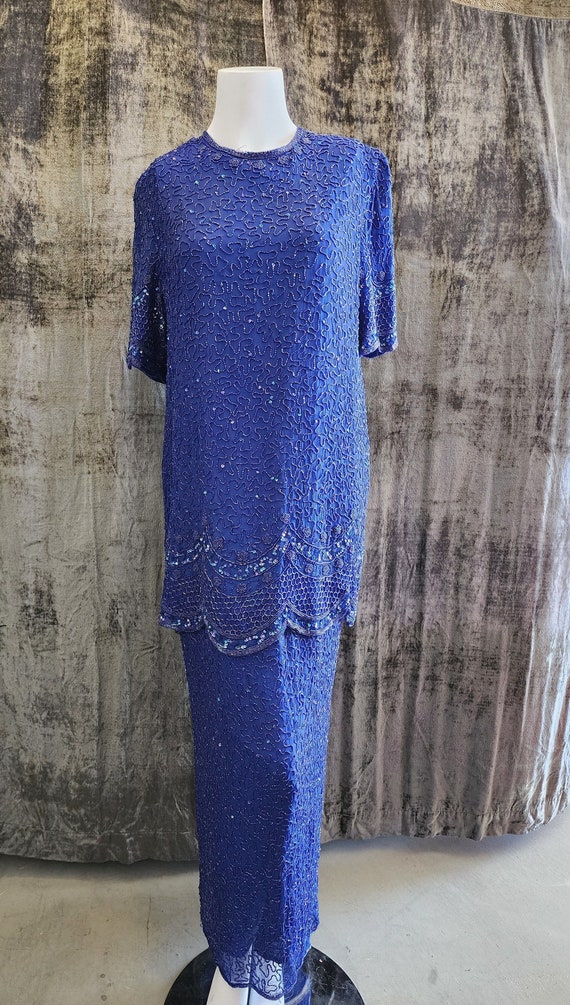 Extra Long Royal Blue Beaded Dress- Brilliante by 