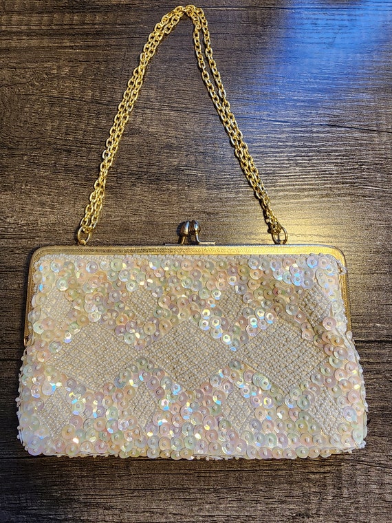 Cream Colored Bead and Sequin Purse