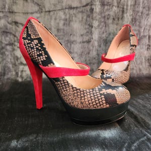 May include: A pair of black and brown snakeskin platform heels with red straps. The heels are about 5 inches tall and have a platform that is about 1 inch tall.