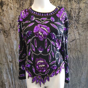 Purple Laurence Kazar Sequin and Beaded Blouse