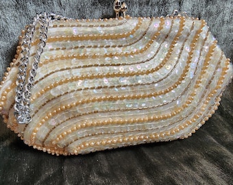 Vintage 1950's Cream Beaded and Sequin Purse