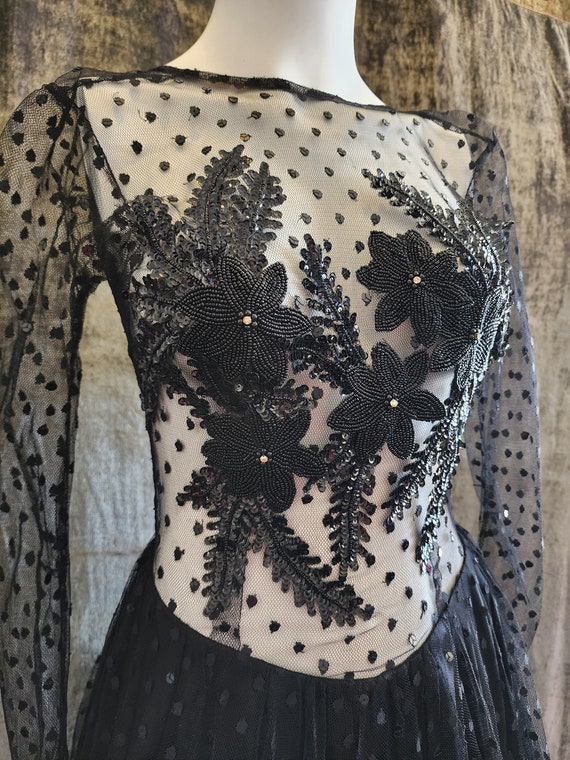 1950s Handmade Black Beaded Tulle Dress