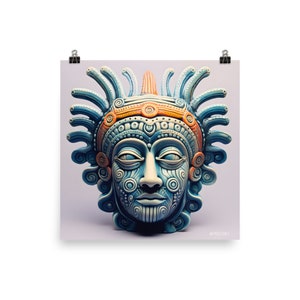 May include: A blue and orange ceramic mask with intricate details and a stylized human face. The mask has a crown-like headdress with a central orange spike.