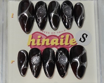 Reusable 3D Chrome Red Black Nails | Medium Almond | Premium Handmade Press On Nails | Nails Gel Manicure