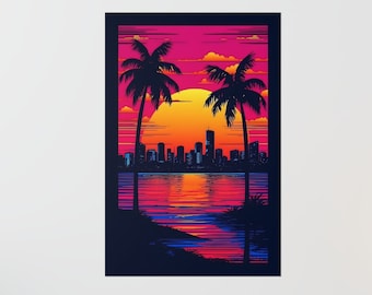 Retrowave Miami Poster Print: 80's Art with Brickell Skyline, Beach Vibes, Sailboats, Sunset, and Palm Trees