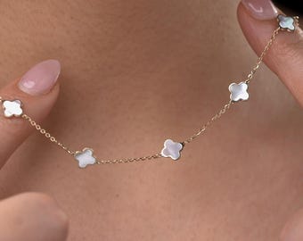 Pearl Clover Necklace 10K Gold, Mother of Pearl Clover Necklace Solid Gold, Shamrock Necklace, four leaf clover necklace, multi charm clover