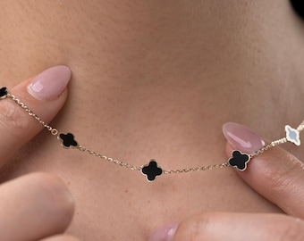 Black Clover Necklace 10K Gold, Black Onyx Clover Necklace Solid Gold, Shamrock Necklace, four leaf clover necklace, multi charm clover