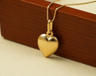 Puffy Heart Necklace 10K Gold, Heart Pendant Necklace solid gold, Dainty Valentine's gift, heart charm, love necklace, heart shape jewelry
