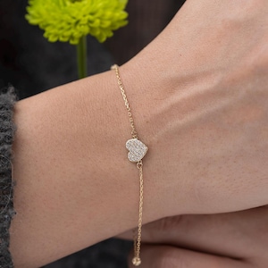 10K Gold Pave Heart Bracelet 8.1x7.7mm, 10K Solid Gold Diamond Heart Bracelet, Gold Heart Bracelet, Valentine's Gift, heart charm bracelet
