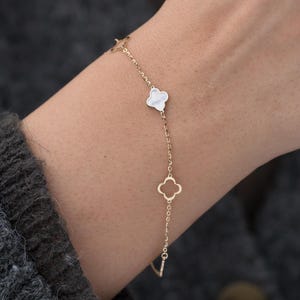 Pearl Clover Bracelet 10K Gold, Mother of Pearl Clover Bracelet Solid Gold, four leaf clover layering stacking charm bracelet, shamrock