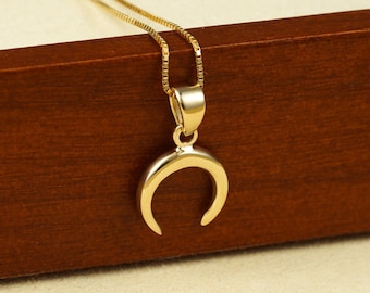 10K Gold Crescent Moon Necklace 9.8mm, 10K Solid Gold Celestial Pendant, Gold Half Moon Charm, Crescent Necklace Gold