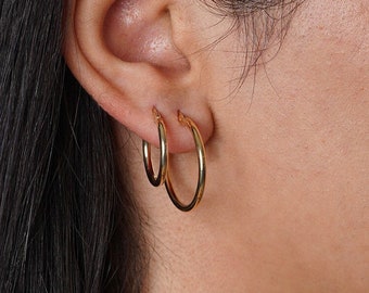 10K Gold Hoop Earrings 2mm, Gold Thin Hoop Earrings 2mm, Classic Hoop Earrings