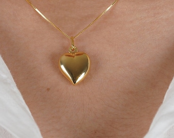 Puffy Heart Necklace 10K Gold, Puffy heart Pendant Solid Gold, dainty heart charm necklace, minimalist fine jewelry, Valentine's gift