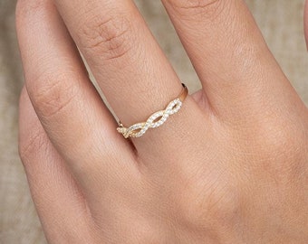 Anillo infinito trenzado de oro de 10 quilates, anillo de compromiso con circonita cúbica, anillo de aniversario de boda, joyería de oro macizo, regalo para ella, anillo para mujer, elegante