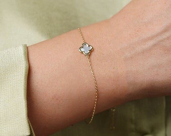 10K Gold Klee Armband 9.5x9.5mm, 10K Massiv Gold Perle Klee Armband mit verstellbarer Länge, vierblättriges Kleeblatt Armband, Shamrock