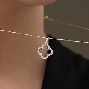 Clover Necklace 10K Gold, Diamond Clover Pendant Solid Gold, Double-Sided four-leaf clover, shamrock charm, blue sapphire necklace