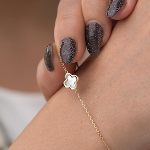 Pearl Clover Bracelet 10K Gold, Mother of Pearl Clover Bracelet, four leaf clover bracelet, shamrock bracelet, stackable bracelet