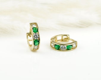 10K Gold Emerald Hoop Earrings 9.5 mm, 10K Solid Gold Emerald Earrings