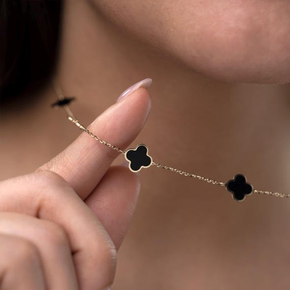 Black Clover Necklace 10K Gold, Black Onyx Clover Necklace 10K