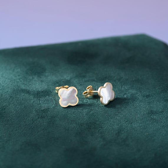 Pearl Clover Earrings 10K Gold, mother of pearl studs solid gold, pearl stud earrings, four leaf clover, shamrock, fine jewelry, real gold