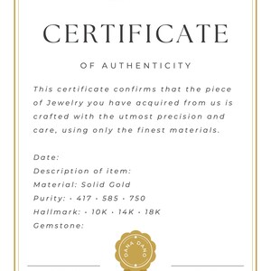 Puede incluir: Un certificado de autenticidad para joyas de Dana Dano Entertainment Inc. El certificado afirma que la pieza de joyer&iacute;a est&aacute; elaborada con la m&aacute;xima precisi&oacute;n y cuidado, utilizando &uacute;nicamente los mejores materiales. El certificado indica que el material es oro s&oacute;lido, la pureza es 417, 585 y 750, y el sello es 10K, 14K y 18K.