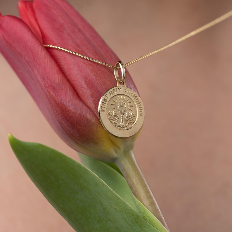 10K Gold First Holy Communion Medallion 15mm, 10K Solid Gold First Holy ...