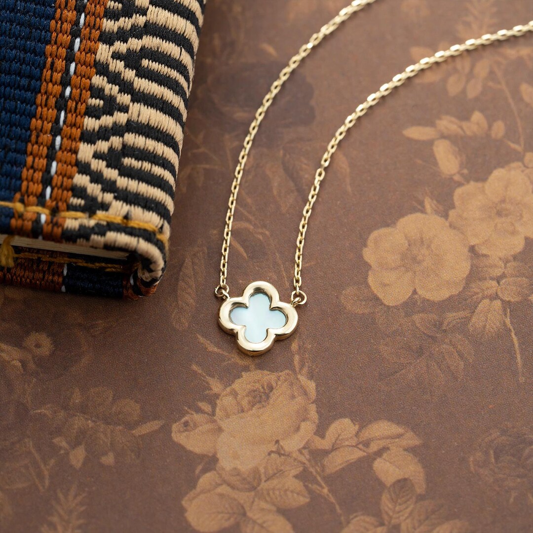 Clover Necklace 10K Gold, Clover Pendant, Pearl Clover Necklace
