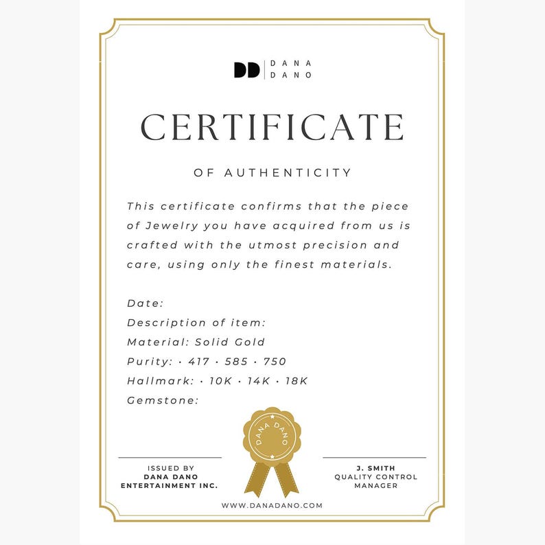 May include: A certificate of authenticity with a gold seal and the text "CERTIFICATE OF AUTHENTICITY." The certificate includes details about the item, material, purity, hallmark, and gemstone. The certificate is issued by Dana Dano Entertainment Inc.